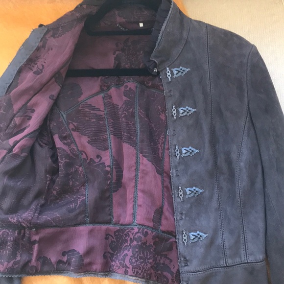 Eli Tahari  Brown Lamb leather jacket Lace collar M - Picture 3 of 3